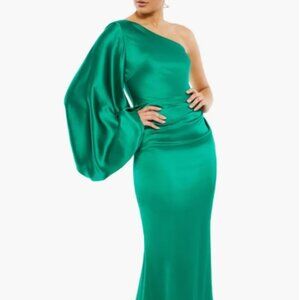 Mac Duggal Emerald Green Satin One Shoulder Puff Sleeve Gown Size 2